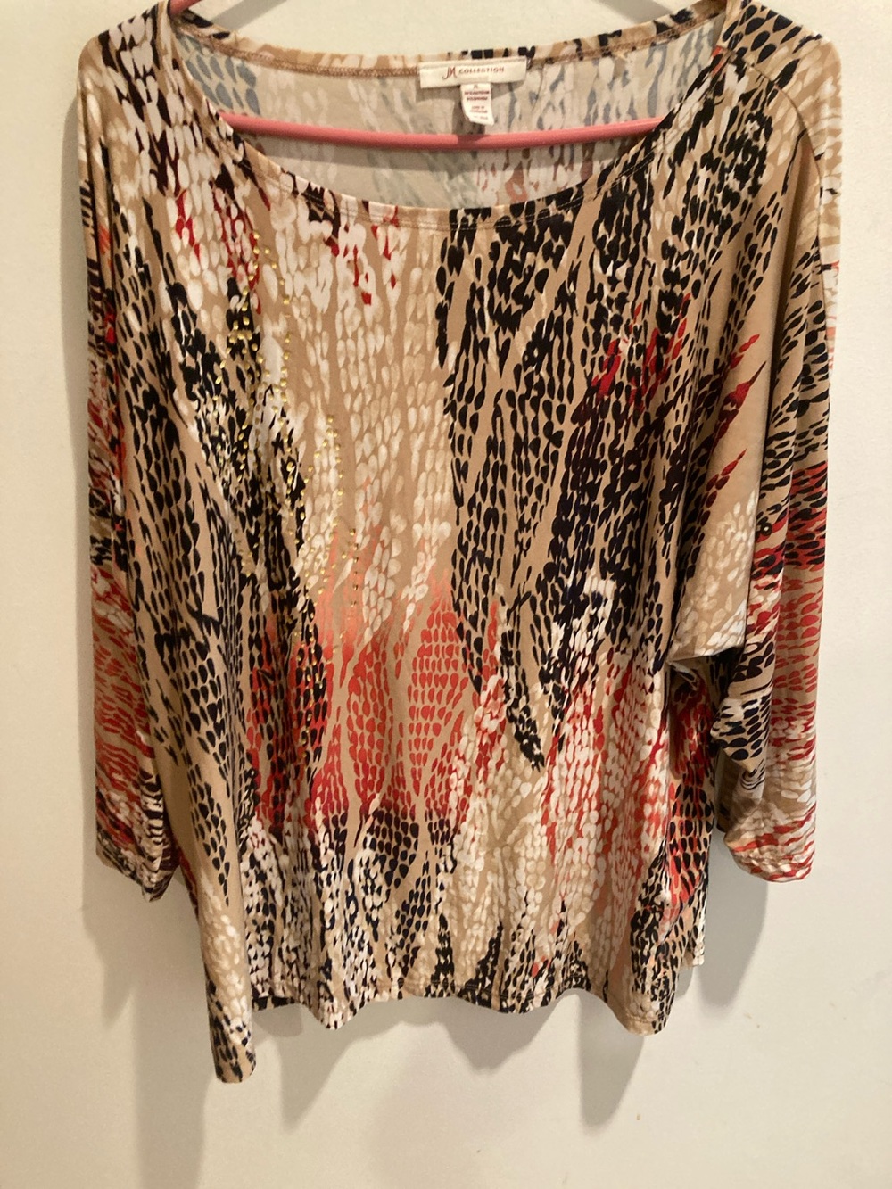 JM Collection Beige Scoop-Neck Blouse with Black, White & Coral Abstract Print